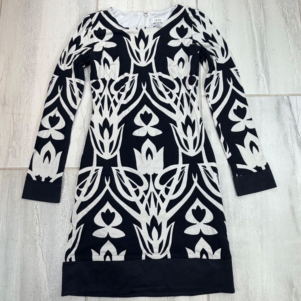 Cache Black White Graphic Print Long Sleeve Bodycon Mini Dress Size 2